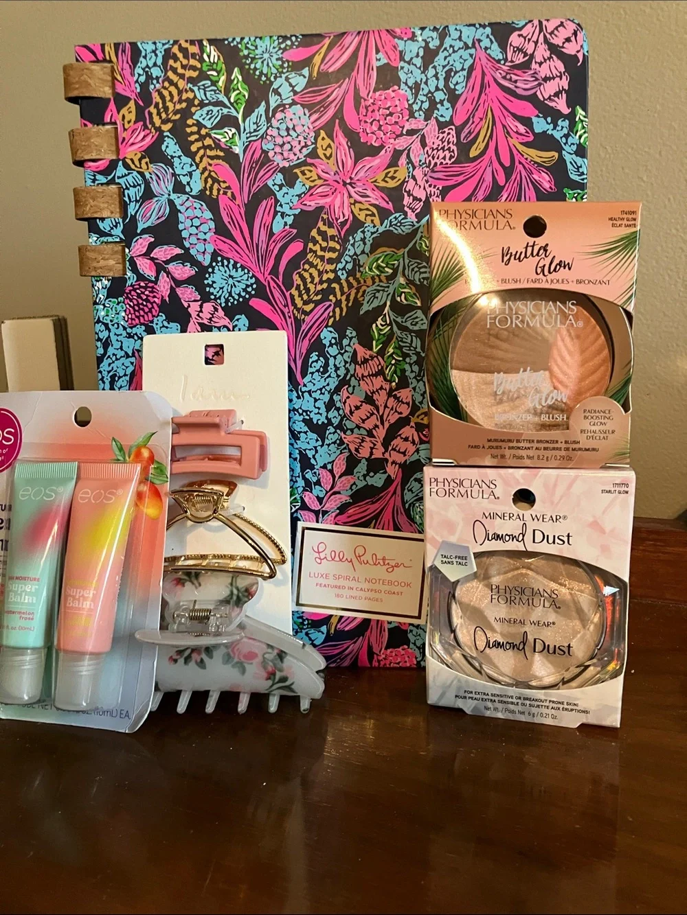 Lilly Pulitzer Notebook & 3hair clips, 2 PF Face powder, EOS lip&hand accessorys